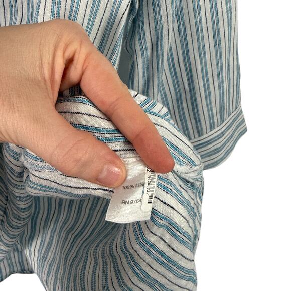 J Jill Love Linen Blue White Striped Popover Shirt Coastal Cottage Womens M Tall - Picture 5 of 7